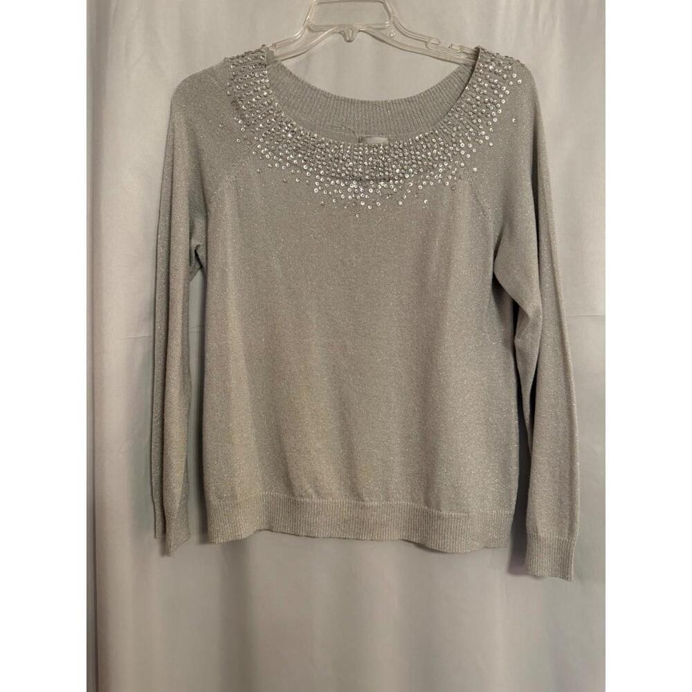Chico's Sequin Collared Shiny Sweater, Silver, Size 2 (US 12)